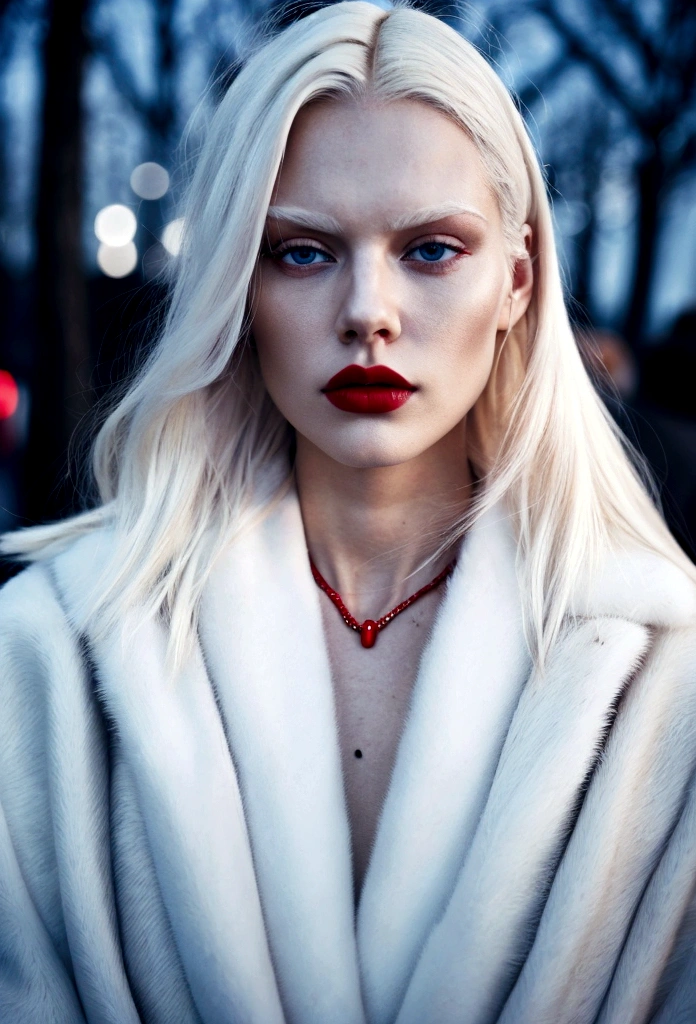 super scandinavian blonde platinum hair white skin with red lips wearing white fur coat in the cold weather model vibe magazine style high level quality looking sad to the camera