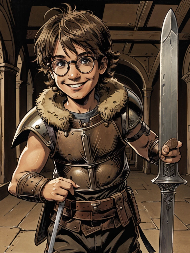 shaggy brown hair nerd kid wearing knight armor, happy face, appeasing expression, circle glasses, dragging a large sword