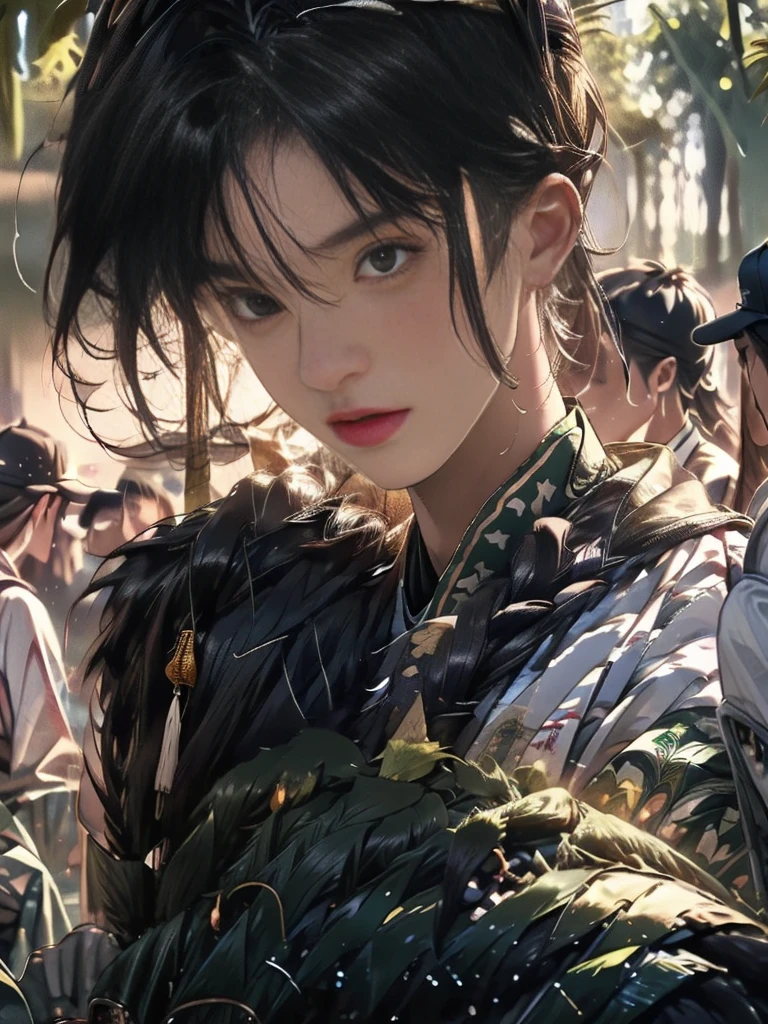 A close-up of a boy in a bamboo forest, long black hair, ponytail, green headdress, carrying a lantern, bamboo leaves falling, hazy smoke, green Hanfu,23 year old boy,1boy,cute 23 year old boy,professional boy photo, photo of boy 23 years old, thin boy,mature beautiful face,fair skin,super scale, 24k,hdr,perfect body boy,blush, big folding fan front boy