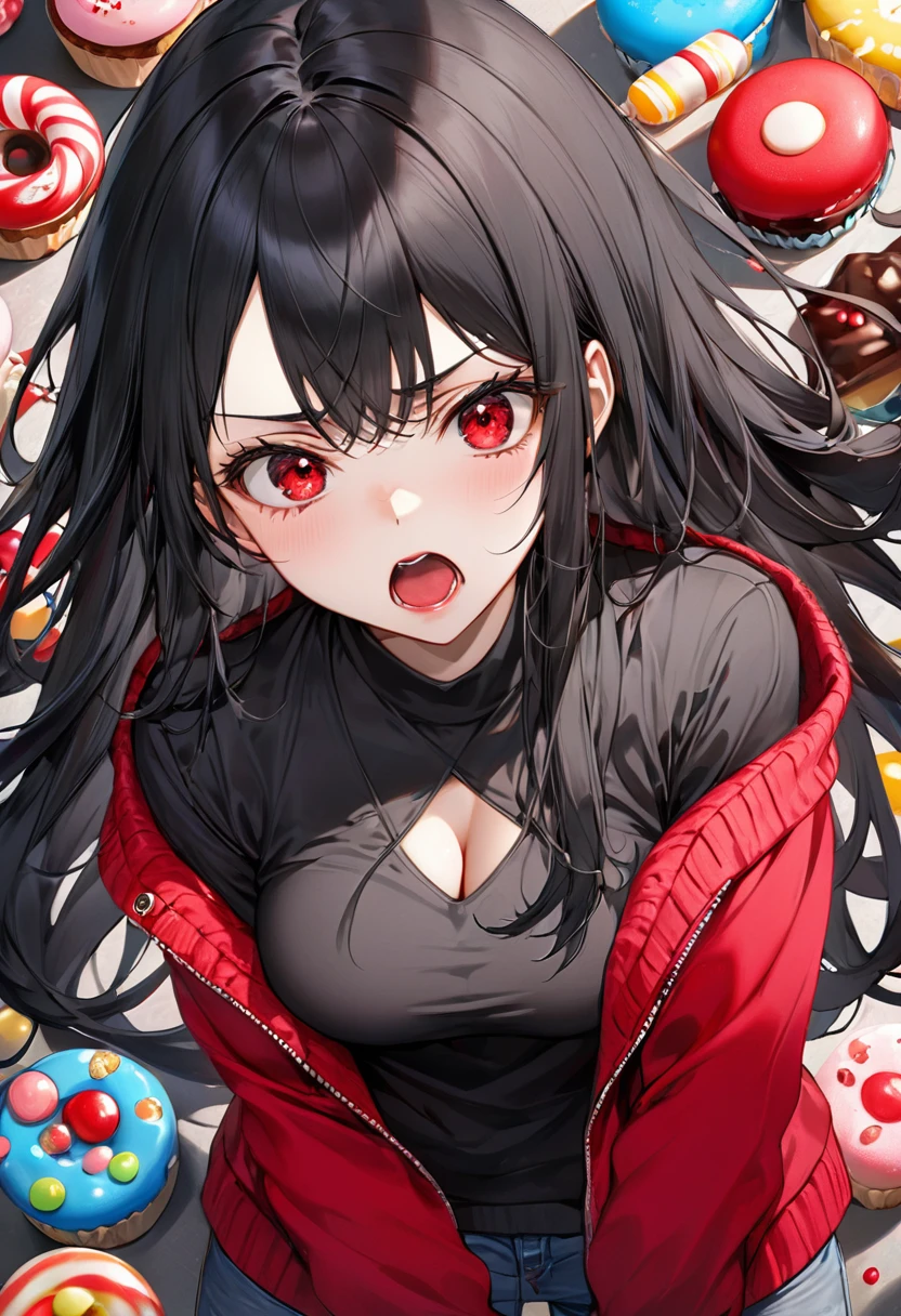(angry:1.3 style) (wide open mouth), (18 yo, solo straight:1.3 black hair long hair cute dominance girl, angry red eyes wide open, red lips, angry:1.5 face, big chest), (in a beautiful black Shirts, red cardigans), break, (background is Many sweets), BREAK, perfect anatomy, masterpiece, best quality, 16k, beautiful detailed body, daydreaming expression.
