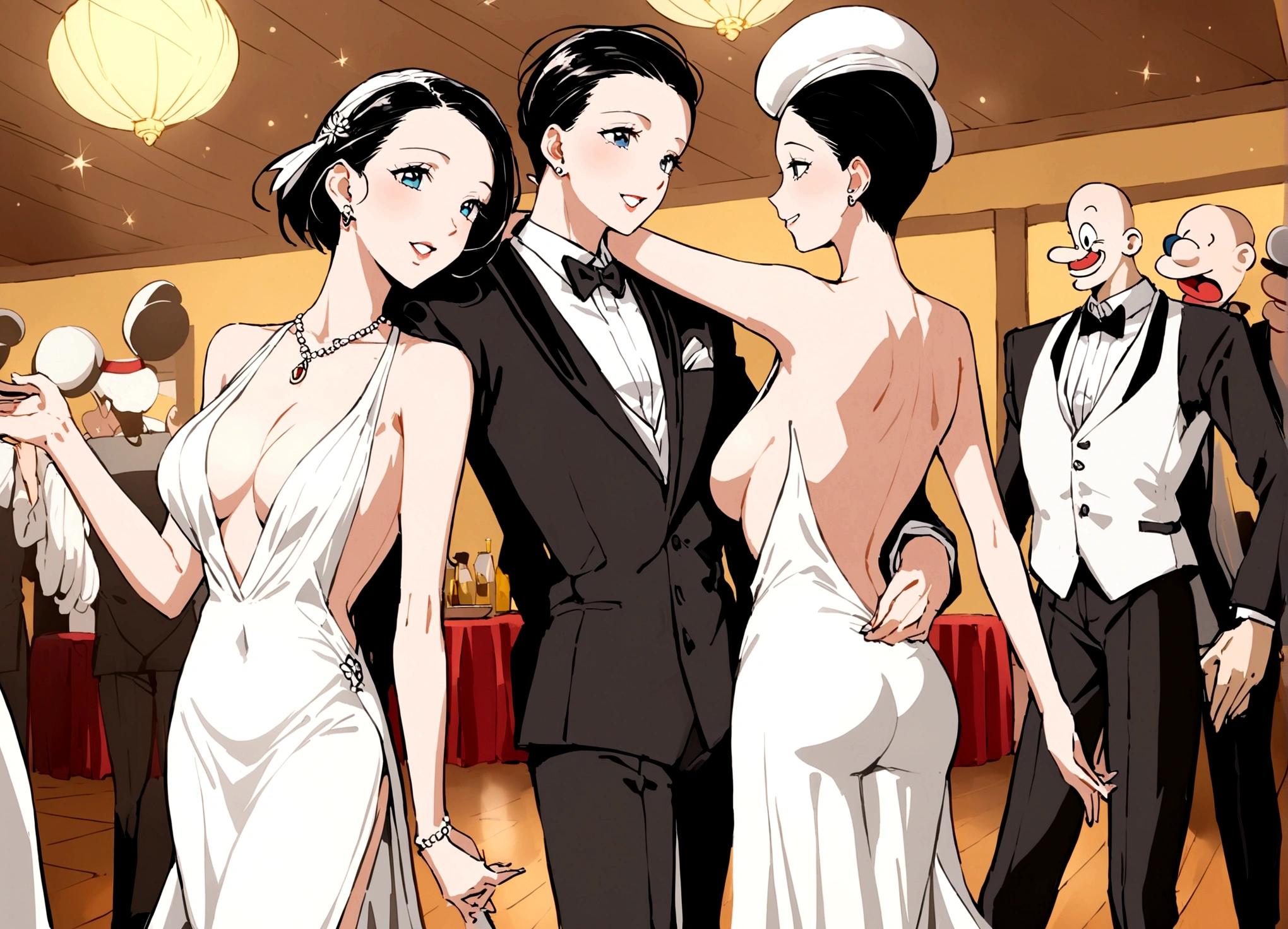 Popeye (sailor hat, cheap tuxedo) and Olive Oil (skinny, lavish evening dress with a plunging back) are celebrating their wedding anniversary dancing the Charleston, dance hall