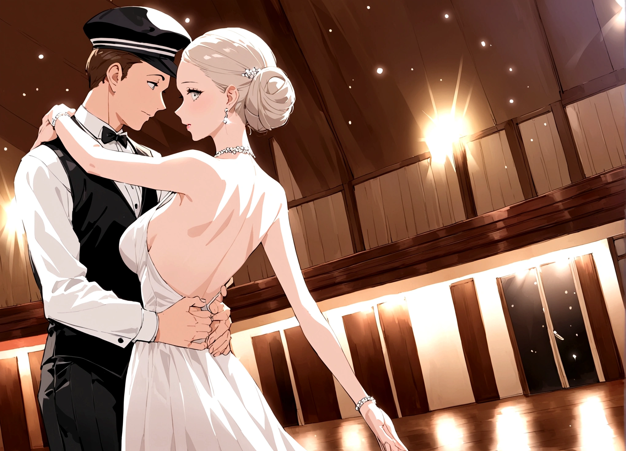 Popeye (sailor hat, cheap tuxedo) and Olive Oil (skinny, lavish evening dress with a plunging back) are celebrating their wedding anniversary dancing the Charleston, dance hall