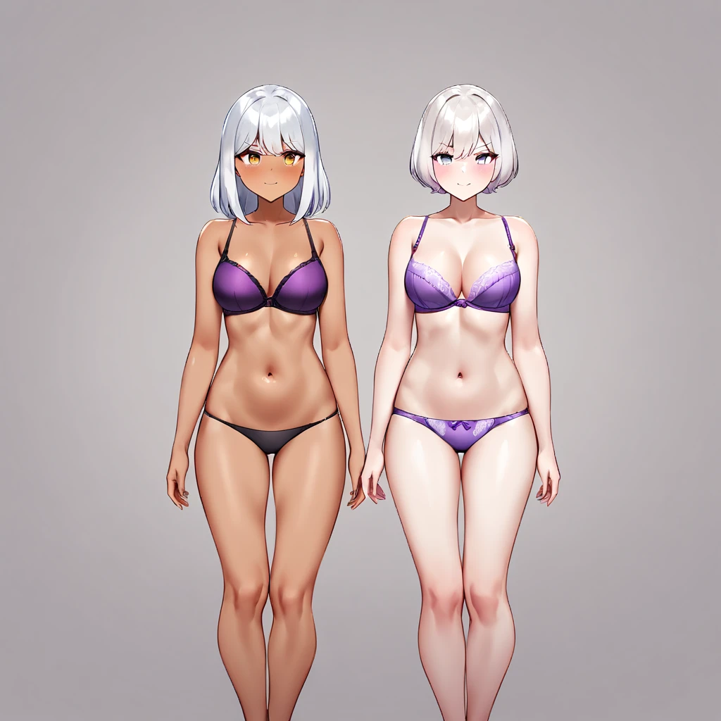 ndfw,(2 girls),duo,breast,absurdres,best quality,very aesthetic,absurdres,bra,(light silver White hair),Thighs,(purple bra),(straight-on),legs,(officeready:1),(tan),(topless),Attractive face