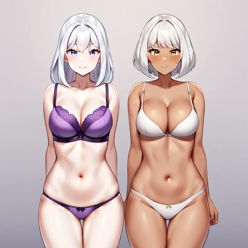 ndfw,(2 girls),duo,breast,absurdres,best quality,very aesthetic,absurdres,bra,(light silver White hair),Thighs,(purple bra),(straight-on),legs,(officeready:1),(tan),(topless),Attractive face