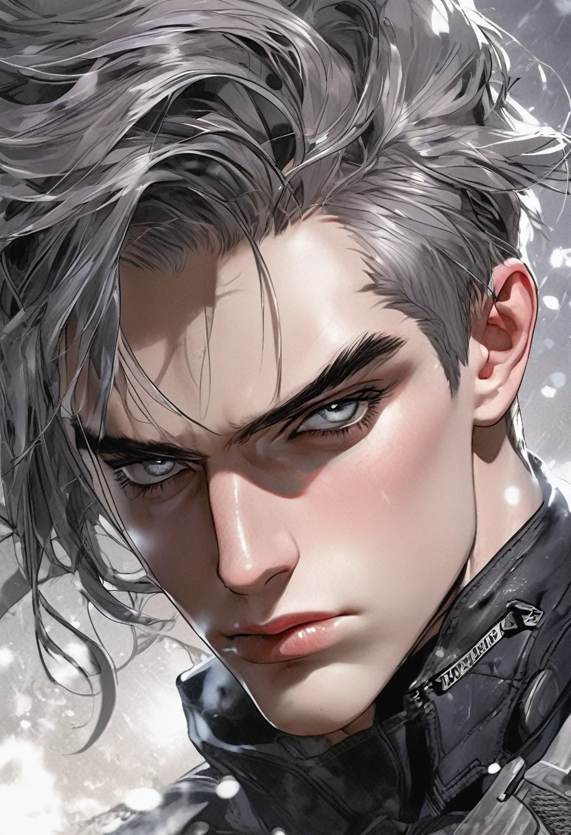 Hombre ruso bastante guapo, cabello lacio y de color negro que llega a la altura de las mejillas y peinado de libro, es decir, partido en dos partes de cabello desde el centro que asciende hacia abajo, ojos rasgados y un un poco grandes con iris gris, rasgos atractivos y masculinos, pale skin, con leve ojeras, serious expression; wear police clothes. Estilo Marvel comic. Estilo panel comic Marvel.