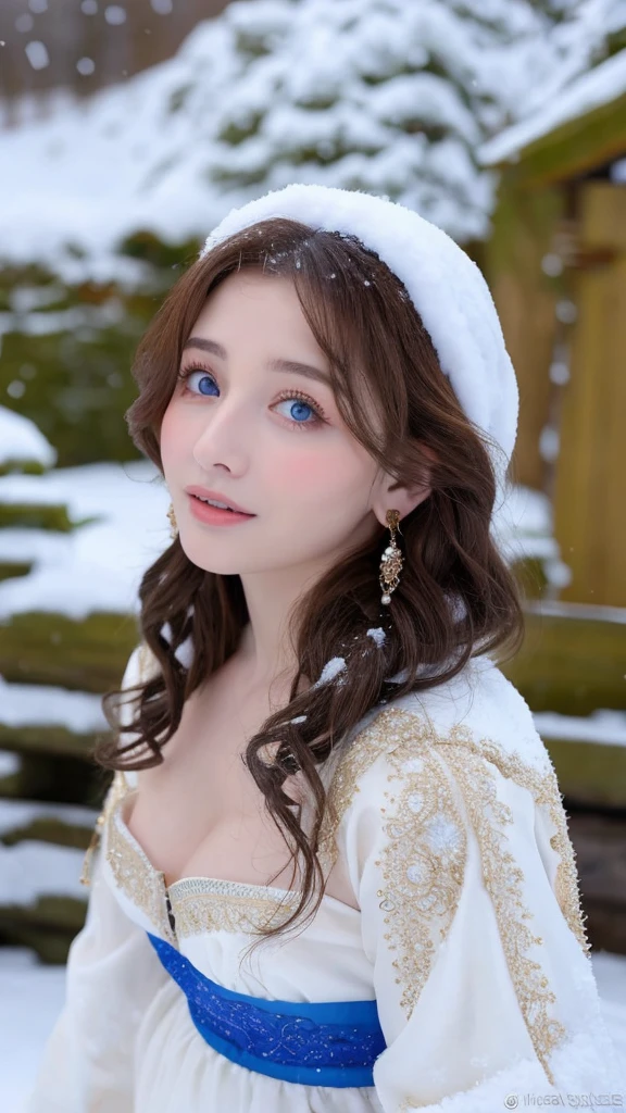 Beautiful girl, blue eyes, long curly white hair witg, detailed facial traits, beautiful earrings, national turkic female dress, naked breasts, yurta behind, it's snowing, sexy pose