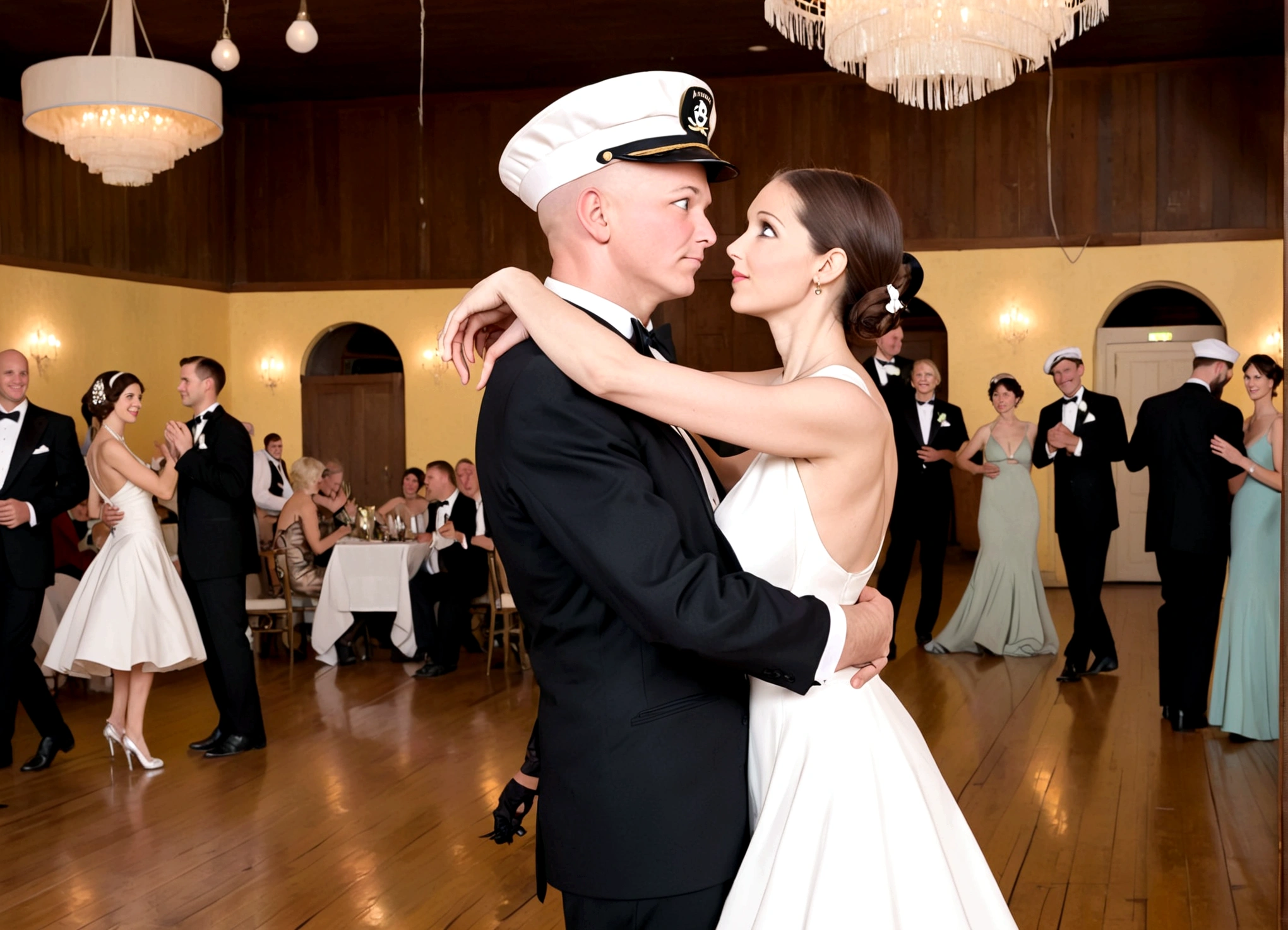 Popeye (sailor hat, cheap tuxedo) and Olive Oil (skinny, lavish evening dress with a plunging back) are celebrating their wedding anniversary dancing the Charleston, dance hall
