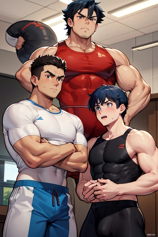 Ash Ketchum and from Pokémon flexing his biceps in a coach's office at the coach's orders under hypnosis with glowing red eyes as he grows into big dumb sweaty hairy muscular football jock bro. Flat top buzzcut haircut. Hyper muscles. Massive muscles. Big biceps. Big triceps. Big traps. Broad shoulders. Big pecs. Bulging crotch. Hyper crotch bulge. Dumber and dumber. Blank stare with open mouth while saying, "I am a dumb jock.... I obey.... Dumber and dumber.... Yes, Coach.... Huhuhuhuh...." Slumped shoulders. Hypnosis. Brainwashing. Bigger and dumber jock bros. Assimilation. Transformation into big dumb muscular jock bro. Slumped shoulders. Massive crotch bulge. Bulging glutes. Thick stubble. Hairy armpits. Repeating triggers to be dumber and dumber each time they say them to think and focus only on growing muscle and being the perfect football jocks. Dimwit. Dullard. Bro. Stupid. Musclehead. Mass hypnosis. Entranced.