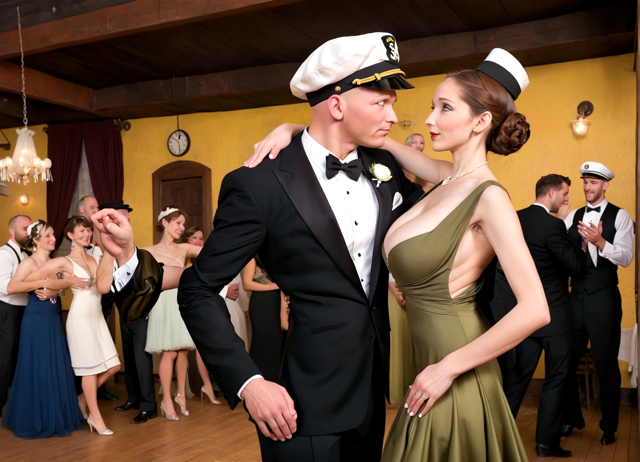 Popeye (sailor hat, cheap tuxedo) and Olive Oil (skinny, lavish evening dress with a plunging back) are celebrating their wedding anniversary dancing the Charleston, dance hall