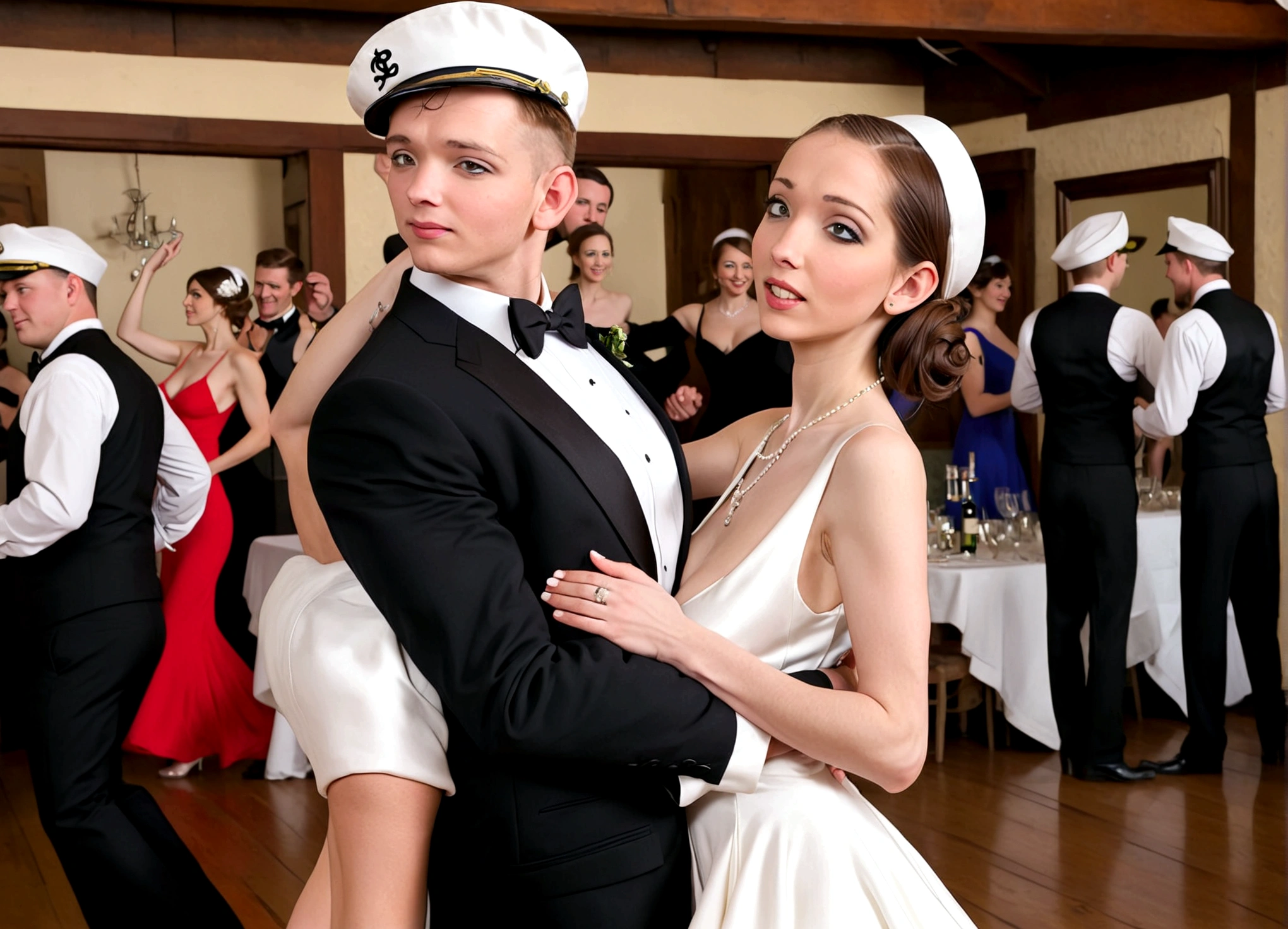 Popeye (sailor hat, cheap tuxedo) and Olive Oil (skinny, lavish evening dress with a plunging back) are celebrating their wedding anniversary dancing the Charleston, dance hall
