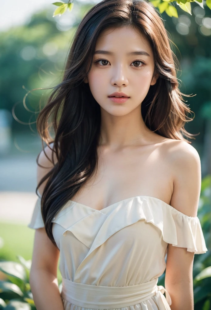 filmg, film portrait photography, 1girl, bare shoulders, wavy shoulder-length hair, serene, calm, (realistic detailed eyes, natural skin texture, realistic face details), soft dramatic lighting, depth of field, bokeh, vibrant details, finely detailed, hyperrealistic, 35mm film, hazy blur,film grain