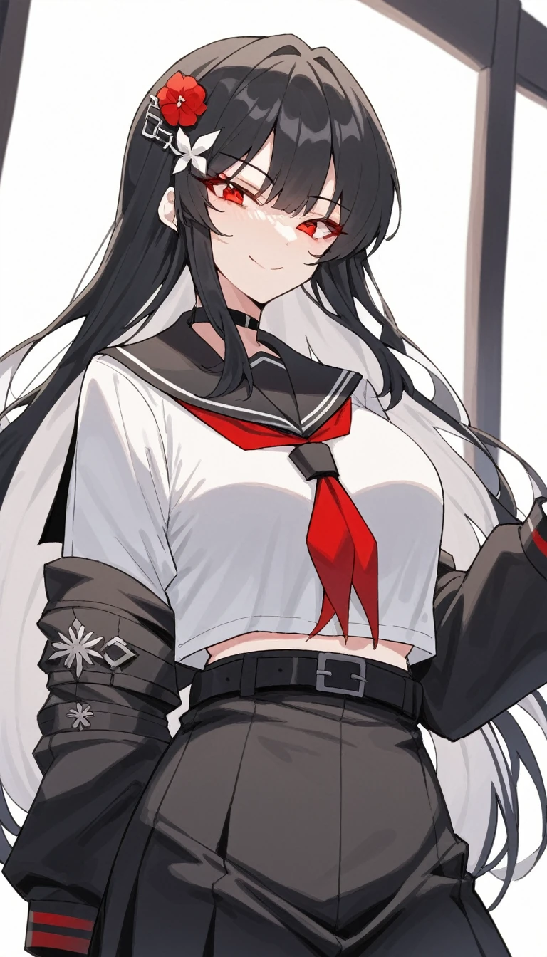 score_9, score_8_superior, score_7_superior, score_6_superior,anime artwork of a character all dressed up in a white and black outfit, 1girl, solo, red eyes, black sailor collar, looking at viewer, smile, black hair, sailor collar, multicolored hair, breasts, white hair, hair ornament, belt, closed mouth, bangs