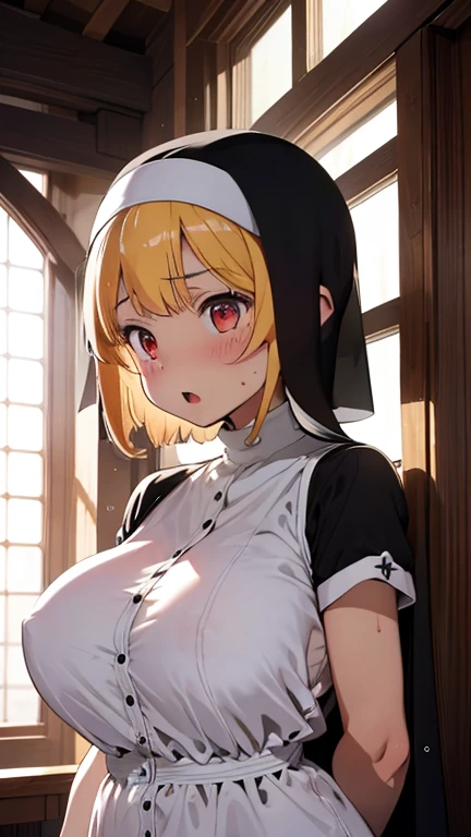 mastute piece,Best Quality,insanely detailed,8k cg,nsfw,
(shoot upper body:1.3),
(1girls:1.3),standing,looking at viewr,body in front,both arms behind back,(nun uniform:1.3),
break,
blush,shy,(ecstasy face),(trembling:1.2),break,(light yellow hair),
break,
perfect breasts,perfect teats,(open mouth:0.9),(large breasts:1.3),
(church)、