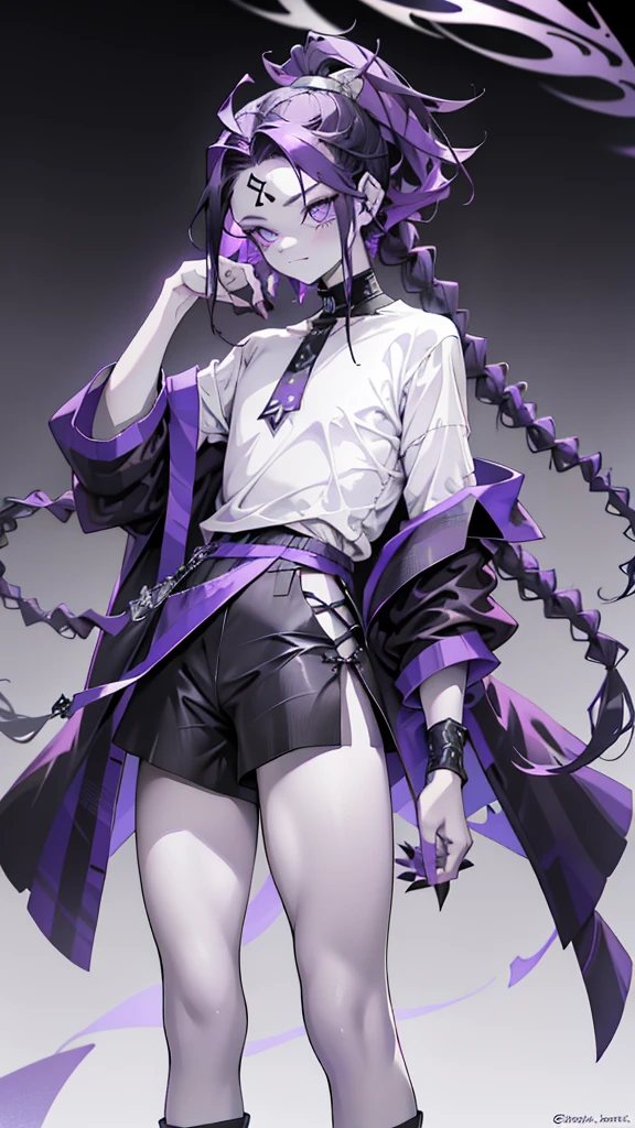 cheerful boy with open forehead. dark purple hair braided in a ponytail on the left side to one side. sinuous black horns wrapped in dark purple ribbon. pale violet eyes. in short dark purple shorts. long white T-shirt. dark purple knee-high socks. white long robe with hood. black limit ancient stone walls purple light from lamps with golden ornaments 