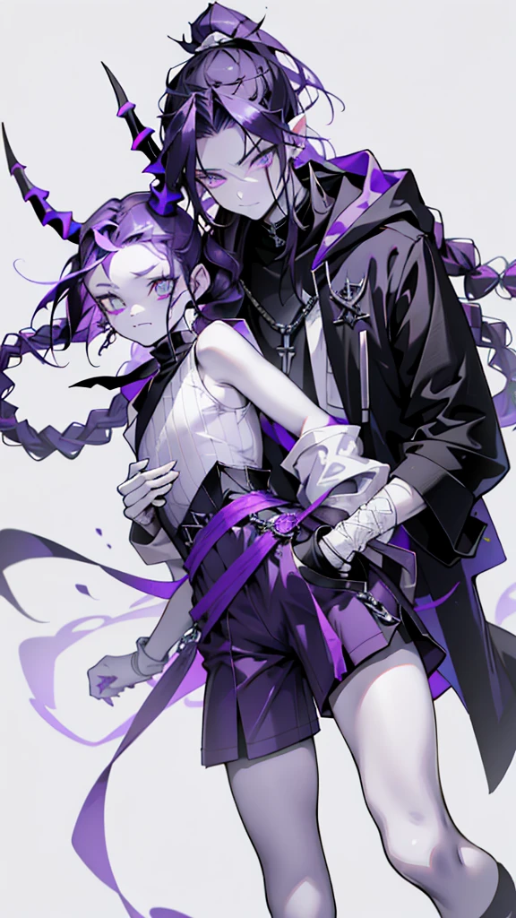 cheerful boy with open forehead. dark purple hair braided in a ponytail on the left side to one side. sinuous black horns wrapped in dark purple ribbon. pale violet eyes. in short dark purple shorts. long white T-shirt. dark purple knee-high socks. white long robe with hood. black limit ancient stone walls purple light from lamps with golden ornaments