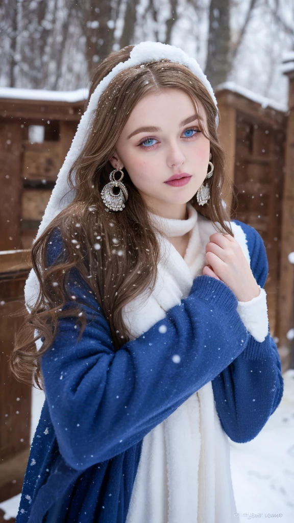 Beautiful girl - Lily Rose Depp, blue eyes, long curly white hair witg, detailed facial traits, beautiful earrings, national turkic female dress, naked breasts, yurta behind, it's snowing, sexy pose