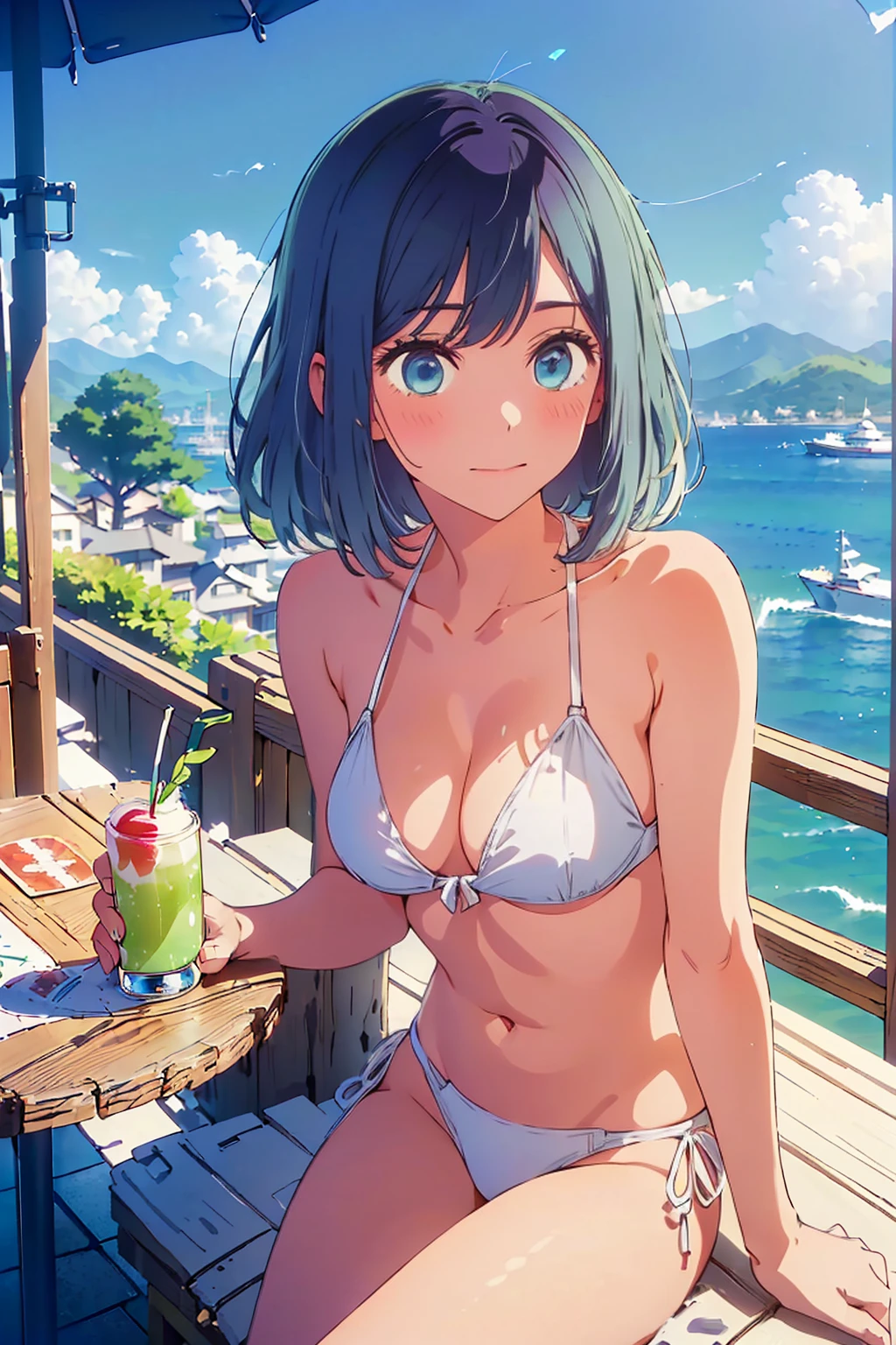Highest quality,8k,detailed,F cup bust、Big Breasts、Slim and beautiful arms、Slim body、Very white beautiful skin、((((1 person、smile、Swimwear、smile、sit、Leaning back in a chair、In the background are the urban buildings of Tokyo、Outdoor café terrace、coastal、Navy hair color、juice、table、Cheek resting on hand、She is wearing a white side-string high-leg bikini、Looking up、Very cute face))))、Sexy pose、Very blue sky、A completely cloudless sky、She tilted her head slightly、The atmosphere is bright and lively、The woman is at the center of the image。