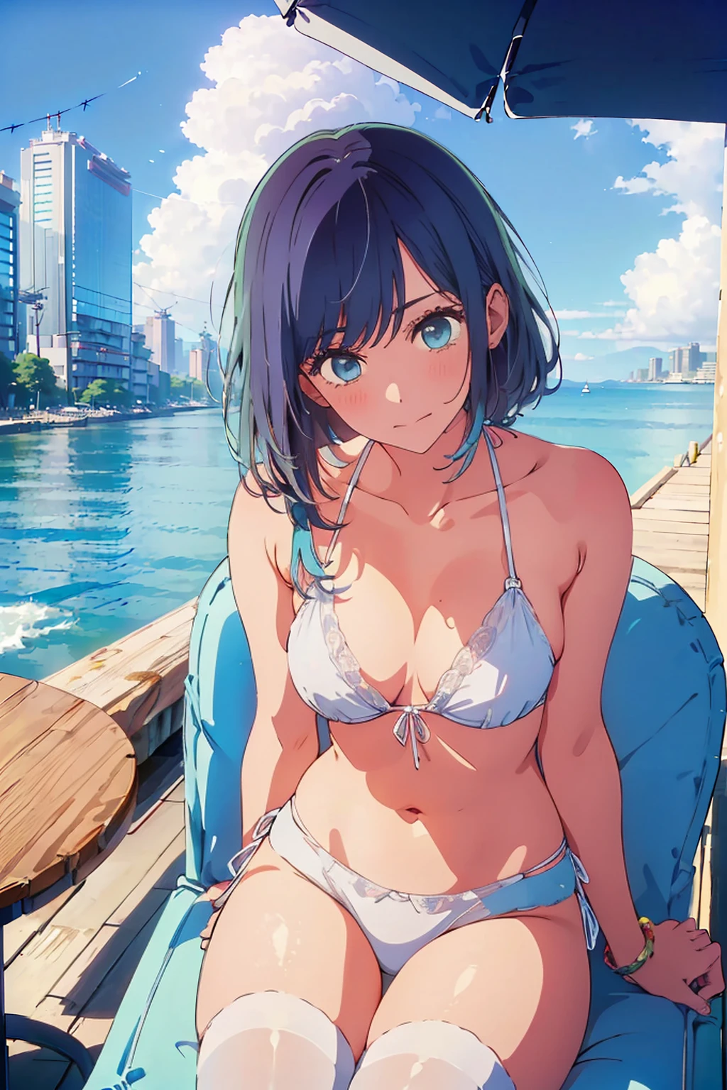 Highest quality,8k,detailed,F cup bust、、Slim and beautiful arms、Slim body、Very white beautiful skin、((((1 person、smile、Swimwear、smile、sit、Leaning back in a chair、In the background are the urban buildings of Tokyo、Outdoor café terrace、coastal、Navy hair color、juice、table、Cheek resting on hand、She is wearing a white side-string high-leg bikini、Looking up、Very cute face))))、Sexy pose、V blue sky、A completely cloudless sky、She tilted her head slightly、The atmosphere is bright and lively、The woman is at the center of the image。