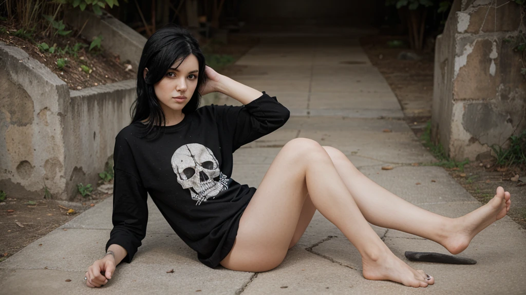 Full body. a emo woman with black hair, wearing only a black shirt with a skull design, barefoot.