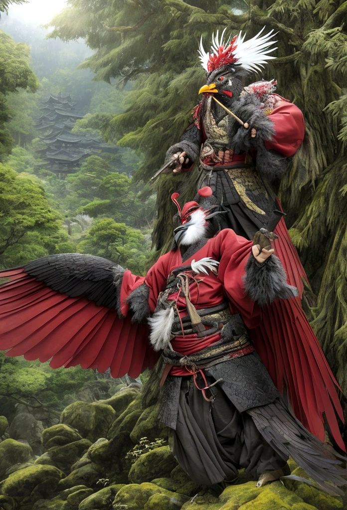 A realistic depiction of Tengu in a mountainous area with dense forest. The Tengu has a strong and intimidating presence, with a red face, long nose, and fierce expression. It is dressed in traditional Japanese garments and has large, black wings. The scene is set during the day, with sunlight filtering through the trees.