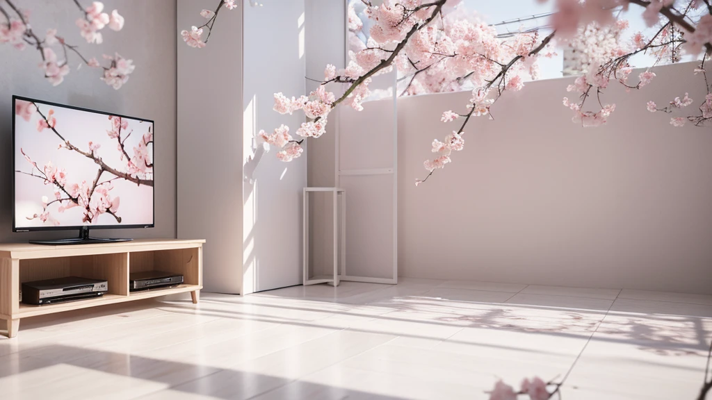 A screen is placed among the peach blossom branches,television ,White peach blossoms,television产品渲染,White and pale pink shades,3d,OC Renderer,High quality local rendering, Clean 3D Rendering,Hyper-realistic 3D rendering