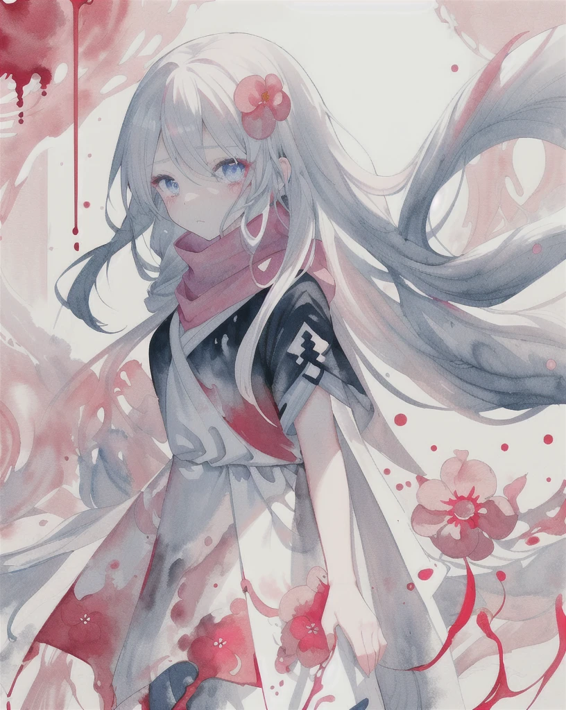 white hair, red eyes, cat ears, nude, snow, cherry blossom,