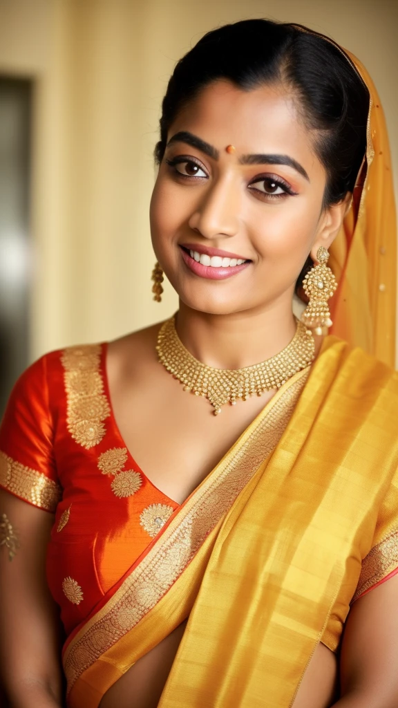 a close up of a woman in a sari posing for a picture, sari, dressed in a sari, actress, wearing a sari, stylish pose, wearing sari, biopic, sensuous, posing!!, orange yellow ethereal, mixed art, stylish, glamorous pose, by Ella Guru, inspiration, very extremely beautiful, beautiful pose, irresistible, description, mesmerising, photoshoot,swooping breasts,
