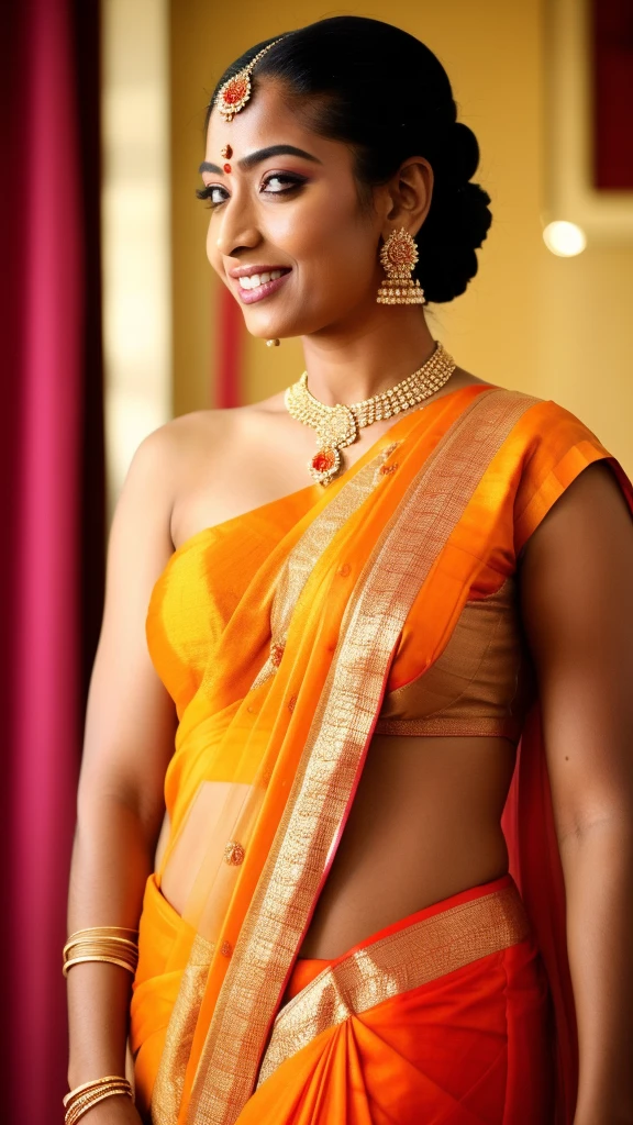 a close up of a woman in a sari posing for a picture, sari, dressed in a sari, actress, wearing a sari, stylish pose, wearing sari, biopic, sensuous, posing!!, orange yellow ethereal, mixed art, stylish, glamorous pose, by Ella Guru, inspiration, very extremely beautiful, beautiful pose, irresistible, description, mesmerising, photoshoot,swooping breasts,