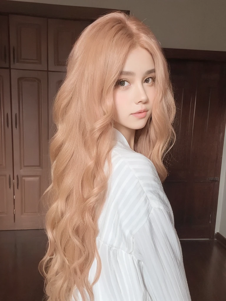Pink long curly hair,Natural and beautiful hair,Middle-parted long curly hair with bangs,The background is simple and clean