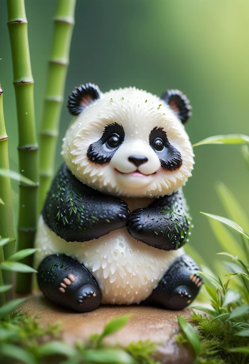 Cute realistic chubby fluffy mini panda, (tilt-shift:1.5), macro photography, (lush bamboo:1.2), (morning dew:1.3), playful, (tiny:1.4), tiny flowers, whimsical, miniature world, (fine fur details:1.1), soft focus, dreamy, (tranquil:1.2), nature-inspired, imaginative, serene, realistic