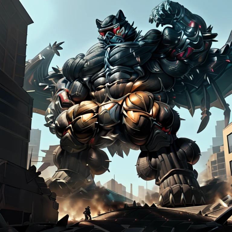 (masterpiece. official art. 8k. best quality. detailed full body. full body.)

(situation 1 : dominating Incineroar. Muscular Incineroar is trampling the CITY. macro. stomp. Low-angle perspective. emphasizing the immense size. The perspective is from below, emphasizing the sheer majesty and power of the Giant. giant art. He is much bigger than a skyscraper. Giga Giants. micro soccer field. looking down.)

(situation 2 :smoke and flames rising from the destruction in the city)

(Additional details 1: wearing a full-face helmet. helmet is jet black. The color of NANOSUIT is jet black. high-tech bio-mecha armor. real texture material. whole body shines like metal. Wearing cyberpunk mecha. emphasizes the muscles. suit fully made of metal. intricate armor. Robotic suit. NANOSUIT with the same design as Incineroar.).

(Additional details 2: (Detailed head. Detailed Body. Detailed abs. gigantic muscles. HYPER MUSCLES. Gigachad Muscular. big muscle. pecs. triceps. traps. unusually developed muscular body. body full of huge muscles. showing off muscles. pectorales enormes. Exaggeratedly huge muscles. huge muscles. long legs.).

(Additional details 3: nj5furry, Spread wings. It has wings. black have big wings. The claws are sharp. ).  (Incineroar has 5 toes.)