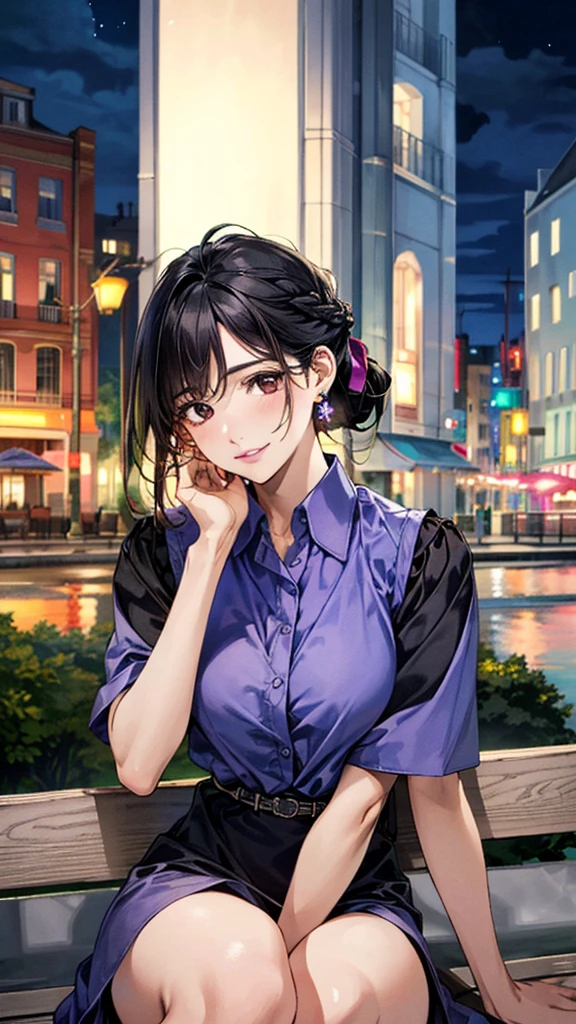 (masterpiece:1.3, Highest quality, Ultra-high resolution, Super detailed), (Realistic, photoRealistic:1.4), Beautiful illustrations, Perfect lighting, colorful, Depth of written boundary, Beautiful detailed hair, Beautifully detailed face, Beautiful fine details, Droopy eyes、Beautiful clavicle, Beautiful body, 美しいLarge Breasts, Beautiful thighs, Beautiful feet, Beautiful fingers, View Viewer、Front view:0.6, Beauty1人, Japanese, Beauty、30 years old, Perfect Face, (Perfect Anatomy, Anatomically correct), Cute and symmetrical face, , , Shiny skin, (with thin belt、Purple short-sleeved A-line collared shirt dress:1.4) (Black Hair, Updo Hair:1.4), braided bangs、Dark brown eyes, Large Breasts, Slim body, necklace, Small earrings:1.1, (Beautiful views), (night), (city, cityscape in the distance), Riverside、Sitting on a bench, A soft smile、(Smile, Lips parted),
