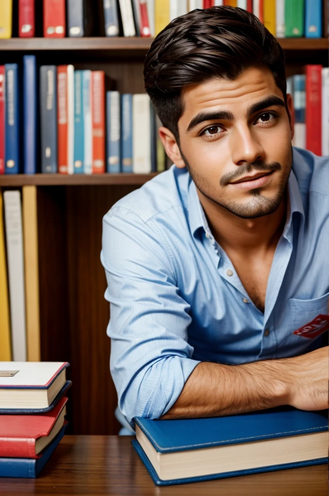 La cara de un chico guapo con peinado de libro