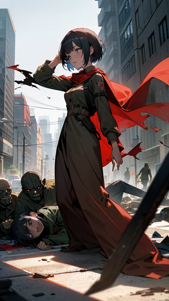 Na nova cena, the young woman with short hair and dressed in military clothes is now in a defensive position, raising an automatic weapon towards a group of slowly approaching zombies. It is positioned in the center of the street, with debris scattered around you, indicating the devastation of the city. Your red cape flutters lightly in the wind, adding a touch of dynamism to the static scene.
Ao fundo, zombies are seen wandering the deserted street. Um deles, a man with torn clothes and his jaw hanging, is closer, moving towards the woman with a wobbly step. Outro zumbi, uma mulher de vestido sujo e rasgado, is behind him, their empty eyes fixed in the direction of the protagonist. More zombies are scattered across the street, alguns com membros faltando ou pele decomposta, creating a scenario of despair and imminent danger.
Twilight sunlight casts long shadows over the wreckage and zombie bodies, highlighting the tension of the moment. The woman's expression is serious and concentrated, Your eyes focused on the enemies ahead, ready to face the challenge and ensure your survival in this dark and hostile world.