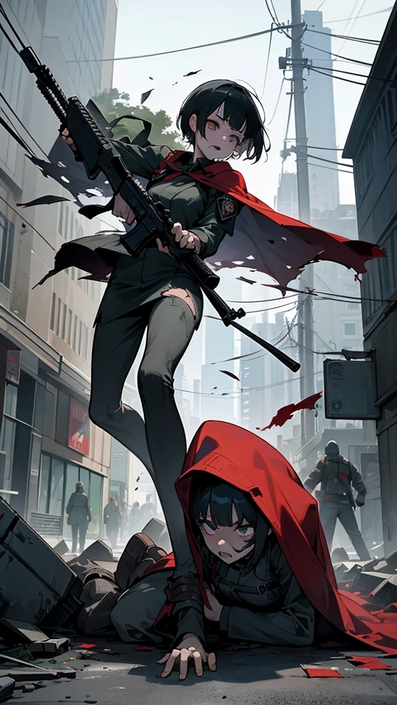 Na nova cena, the young woman with short hair and dressed in military clothes is now in a defensive position, raising an automatic weapon towards a group of slowly approaching zombies. It is positioned in the center of the street, with debris scattered around you, indicating the devastation of the city. Your red cape flutters lightly in the wind, adding a touch of dynamism to the static scene.
Ao fundo, zombies are seen wandering the deserted street. Um deles, a man with torn clothes and his jaw hanging, is closer, moving towards the woman with a wobbly step. Outro zumbi, uma mulher de vestido sujo e rasgado, is behind him, their empty eyes fixed in the direction of the protagonist. More zombies are scattered across the street, alguns com membros faltando ou pele decomposta, creating a scenario of despair and imminent danger.
Twilight sunlight casts long shadows over the wreckage and zombie bodies, highlighting the tension of the moment. The woman's expression is serious and concentrated, Your eyes focused on the enemies ahead, ready to face the challenge and ensure your survival in this dark and hostile world.