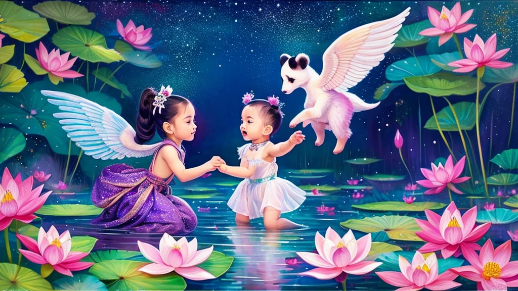 Glitter acrylic painting, fantasy style, fluffy, a magical background with lotus flowers, oriental lillies, and other multicolored oriental wildflowers, light petals, ethereal dancing like in a dream, in this background, two adorable baby panda cubs playing together.