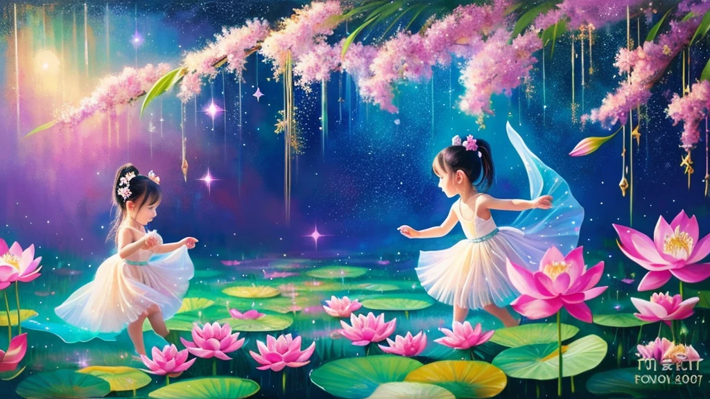 Glitter acrylic painting, fantasy style, fluffy, a magical background with lotus flowers, oriental lillies, and other multicolored oriental wildflowers, light petals, ethereal dancing like in a dream, in this background, two adorable baby panda cubs playing together.