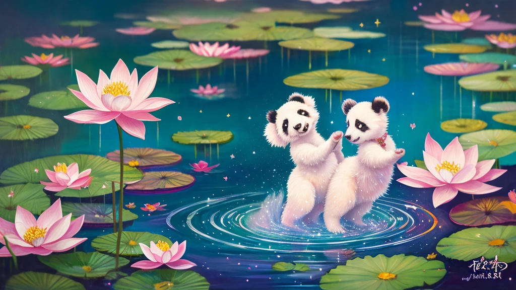 Glitter acrylic painting, fantasy style, fluffy, a magical background with lotus flowers, oriental lillies, and other multicolored oriental wildflowers, light petals, ethereal dancing like in a dream, in this background, two adorable baby panda cubs playing together. 