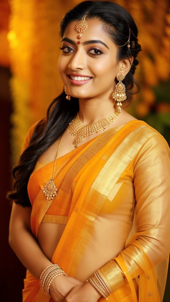 a close up of a woman in a sari posing for a picture, sari, dressed in a sari, actress, wearing a sari, stylish pose, wearing sari, biopic, sensuous, posing!!, orange yellow ethereal, mixed art, stylish, glamorous pose, by Ella Guru, inspiration, very extremely beautiful, beautiful pose, irresistible, description, mesmerising, photoshoot,