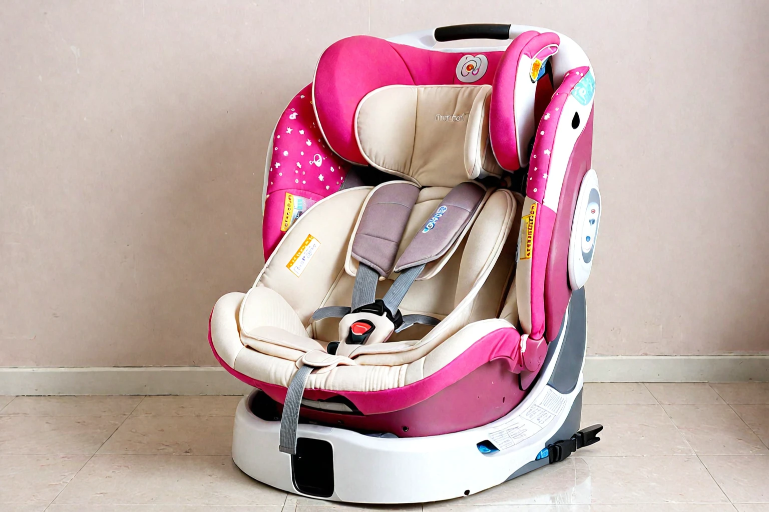 There is a pink infant car seat with a white base, Facing forward, - Hours 8 5 0 - Afternoon 6 0 0, Half turn, 天堂Pink, Hours 8 0 0, front, fashionable, Hours 8 0 0 c 1 0. 0, Ergonomic, Toddlers, —n 9, Hours 9 6 0, (Pink), You were, High target