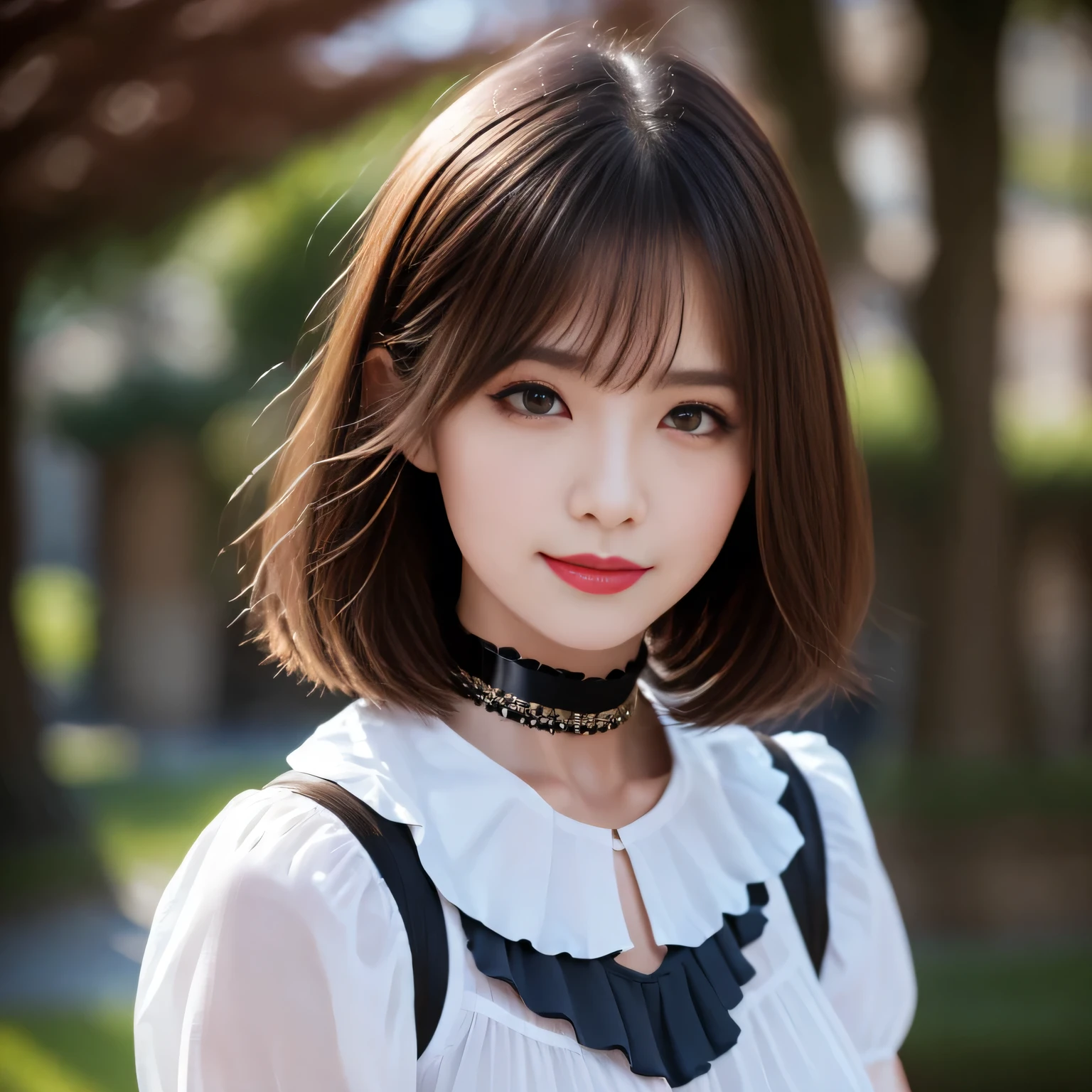 ((Highest quality, 8k, Representative works in detail, Ultra-high resolution)), Group photo, (Looking at the audience), (Cowboy Shot), Attractive women, ((Big Breasts)), smile, ((Black Choker)), Slim figure, (Blue contacts), Long eyelashes, bangs, Beautiful shiny brown hair, Nogizaka idol, Slim face、((Maid, Frills, Maid clothes))、Dependents、garden, city、user