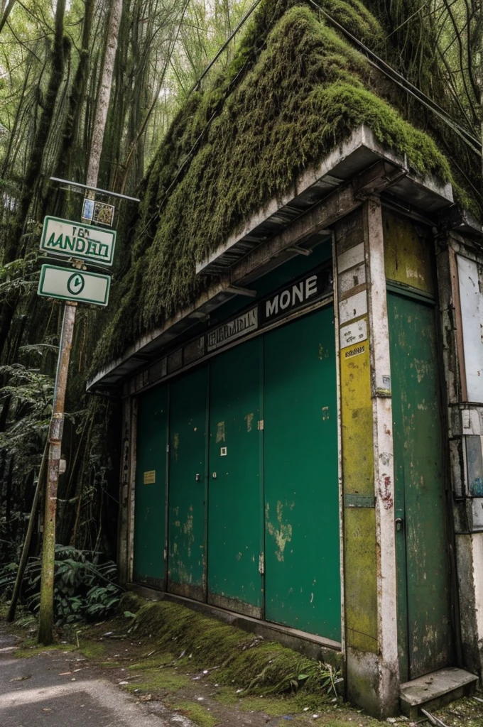 A place where you will find a small store full of posters, the structure with moss and vegetation such as trees and bushes with signs and traffic signs, something almost abandoned.