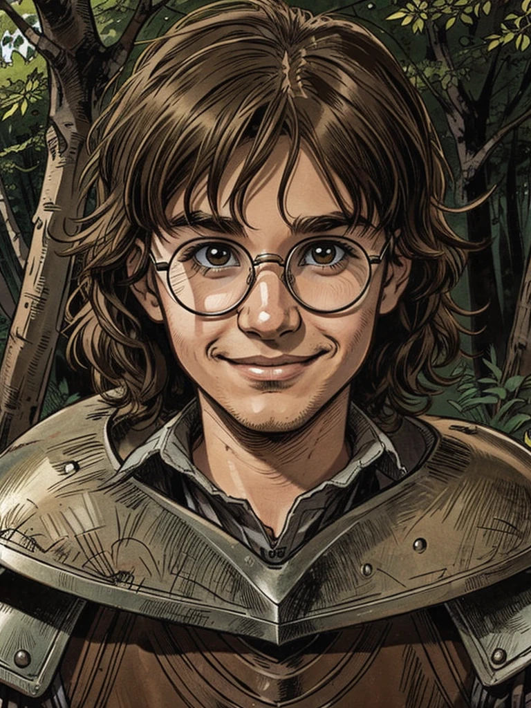 shaggy brown hair nerd ??? wearing knight armor, happy face, appeasing expression, circle glasses, 12 years old, english, harry potter like, innocent, simple forest background