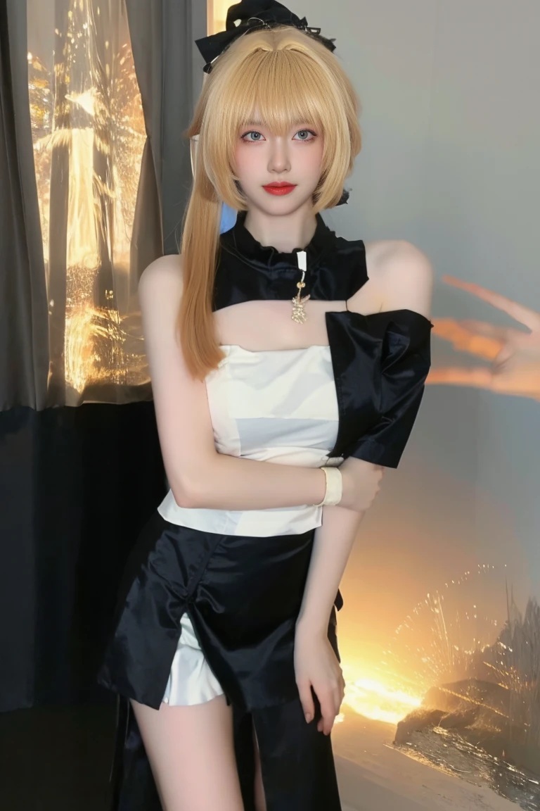 best quality, tmasterpiece,Ultra-high resolution,Clear face,(Reality:1.4),ferpect lighting,(upper body shot), (photorealistic:1.50), anime wallpaper, Guviz style artwork, cover-up fantasy up to magic , by Yang J, Guviz, beautiful artwork illustration, beautiful digital artwork, beautiful digital illustration, Li Song, beautiful anime portrait, art style in Beauvot,1girl, solo, long hair, blonde hair, Ponytail hair, Hair ribbon, Bangs, hair ornament, (black dress:1.3), short dress, Thigh, standing,