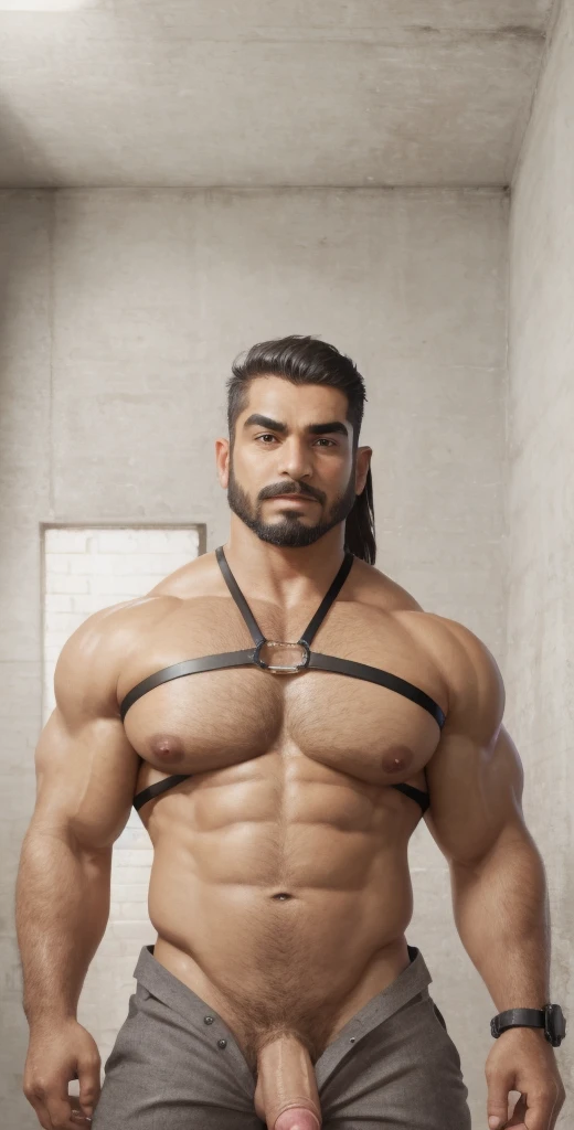 1boy, indian, solo, facial hair,84 yrs old, dom, male focus, flaccid penis, bald head, pectorals, bara, muscular, mature male, muscular male, abs, beard, ring nipples, chest harness, short hair, navel, stomach, large pectorals, thick eyebrows, bare pectorals, wrench_genshin_style, dark-skinned male, erection, thighs, erection under clothes, fancy suit, dark skin, tie, open shirt, jacket, grey business suit, steampunk, pectoral cleavage, cowboy shot, cop agent uniform, feet out of frame, thick thighs, looking at viewer, masterpiece, 4k, high quality, highres, absurdres,