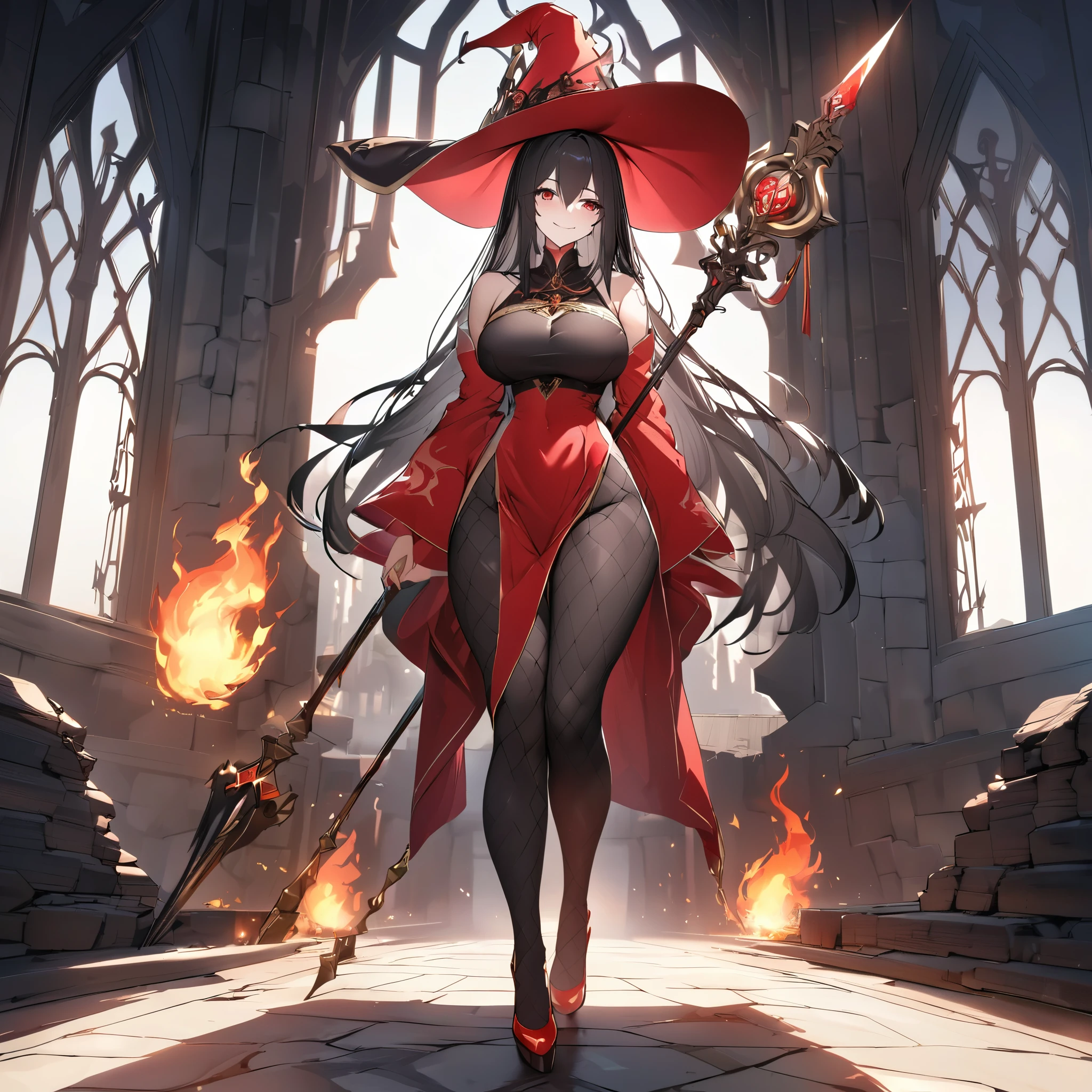 A woman wearing a traditional red witch's tunic with gold details, large breasts, red heels, traditional red witch's hat with gold details, holding a staff with a yellow crystal with fire, black hair, long hair, hair down to the legs,standing, postured, exposed shoulders, body mature, walking on the outside of a black medieval castle, gray platform, sadistic smile, smiling, red eyes, perfect face,UHD , work- prime, precise, anatomically correct, textured skin, super details, high quality, best quality, 8k, high resolution, bokeh effect. (woman solo)
