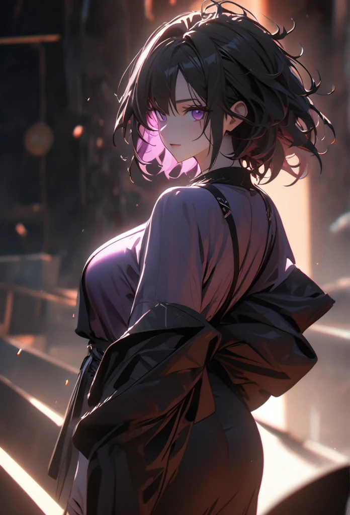 (solo), pitch black hair, messy hair, mane hair, short hair, dense hair, wild hair, expressive hai,(25 year old), pale skin, ((Female)), purple eyes, beautiful girl, wearing a black and purple kimono, beautiful, attractive, big breast, medium ass, black shirt, Yin, eye reflection, depth of field, thunder aura, cinematic lighting, ray tracing, depth of field, cinematic lighting, ray tracing, UHD, high details, best quality, highres, high quality, award winning, super detail, masterpiece, 8k, UHD, high details, best quality, highres, high quality, award winning, super detail, masterpiece, 8k, digital art, anime coloring, body shot, good face, perfect face, detailed face, good eyes. The background is space.