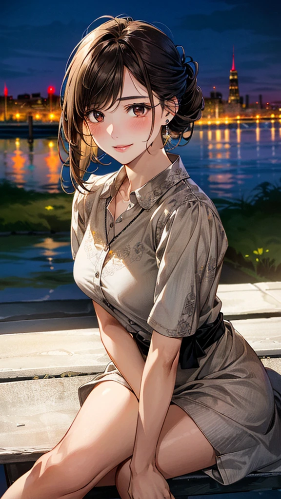 (masterpiece:1.3, Highest quality, Ultra-high resolution, Super detailed), (Realistic, photoRealistic:1.4), Beautiful illustrations, Perfect lighting, colorful, Depth of written boundary, Beautiful detailed hair, Beautifully detailed face, Beautiful fine details, Droopy eyes、Beautiful clavicle, Beautiful body, 美しいLarge Breasts, Beautiful thighs, Beautiful feet, Beautiful fingers, View Viewer、Front view:0.6, Beauty1人, Japanese, Beauty、30 years old, Perfect Face, (Perfect Anatomy, Anatomically correct), Cute and symmetrical face, Baby Face, , Shiny skin, (with thin belt、Brown short-sleeved A-line collared shirt dress:1.4) (Black Hair, Updo Hair:1.4), braided bangs、Dark brown eyes, Large Breasts, Slim body, necklace, Small earrings:1.1, (Beautiful views), (night), (city, cityscape in the distance), Riverside、Sitting on a bench, A soft smile、(Smile, Lips parted),
