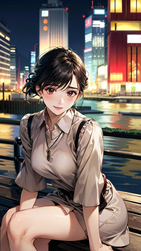 (masterpiece:1.3, Highest quality, Ultra-high resolution, Super detailed), (Realistic, photoRealistic:1.4), Beautiful illustrations, Perfect lighting, colorful, Depth of written boundary, Beautiful detailed hair, Beautifully detailed face, Beautiful fine details, Droopy eyes、Beautiful clavicle, Beautiful body, 美しいLarge Breasts, Beautiful thighs, Beautiful feet, Beautiful fingers, View Viewer、Front view:0.6, Beauty1人, Japanese, Beauty、30 years old, Perfect Face, (Perfect Anatomy, Anatomically correct), Cute and symmetrical face, Baby Face, , Shiny skin, (with thin belt、Brown short-sleeved A-line collared shirt dress:1.4) (Black Hair, Updo Hair:1.4), braided bangs、Dark brown eyes, Large Breasts, Slim body, necklace, Small earrings:1.1, (Beautiful views), (night), (city, cityscape in the distance), Riverside、Sitting on a bench, A soft smile、(Smile, Lips parted),