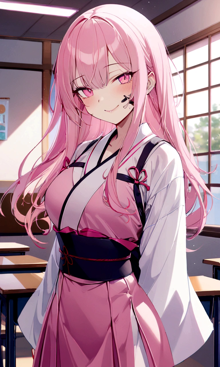 1 girl, solo, slim, short, long pink hair, long hair, pink eyes, school uniform((Japanese style)), blurry background((Japanese style classroom)), looking at viewer((cocky facial expressions, smirking))